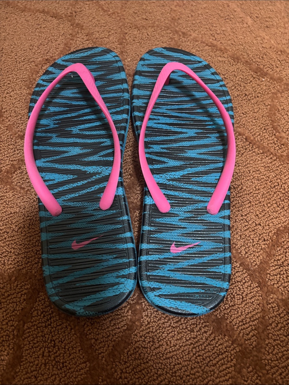Nike Blue Zebra-Pattern Flip Flops with Pink Straps